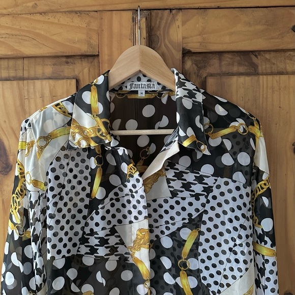 Fantasia Button Down Shirt Polka Dots Gold Chains Black Yellow White - Medium - Picture 5 of 16